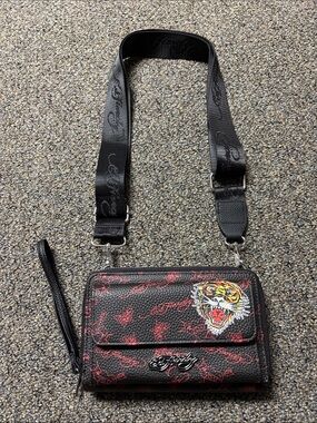 Ed Hardy Black Crossbody Wallet with Tiger